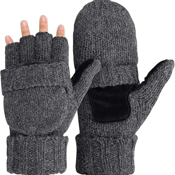 Half-Finger Flip Cover Gloves Wool Blend Knitted Winter Warm Gloves Men Women - Picture 2 of 6